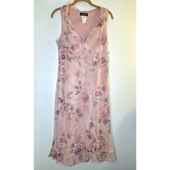 MEGHAN MATTHEWS Petal Pink Floral Baby Doll Midi Dress Sz 10 Fairy Romantic Y2K - Picture 1 of 7